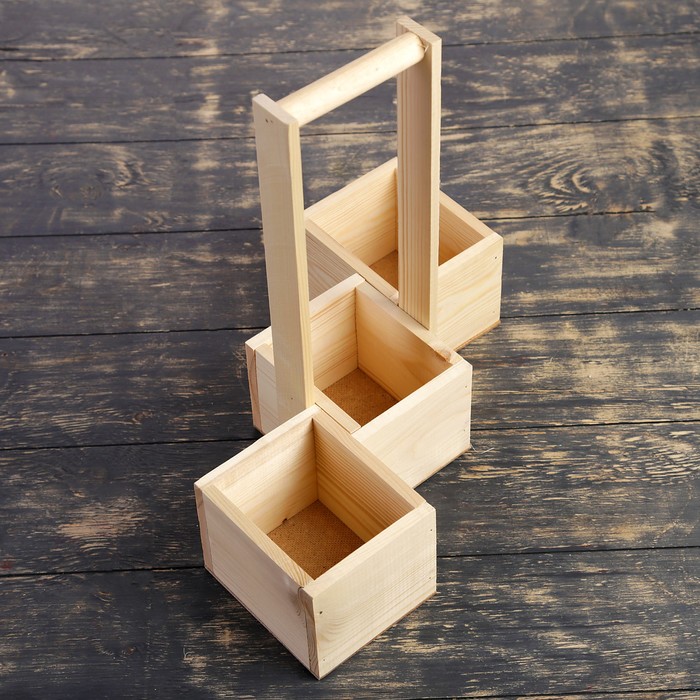 Набор из 3х кашпо, из массива СОСНЫ, 2 ящика без ручек + 1 с деревянной ручкой, натуральные 387203