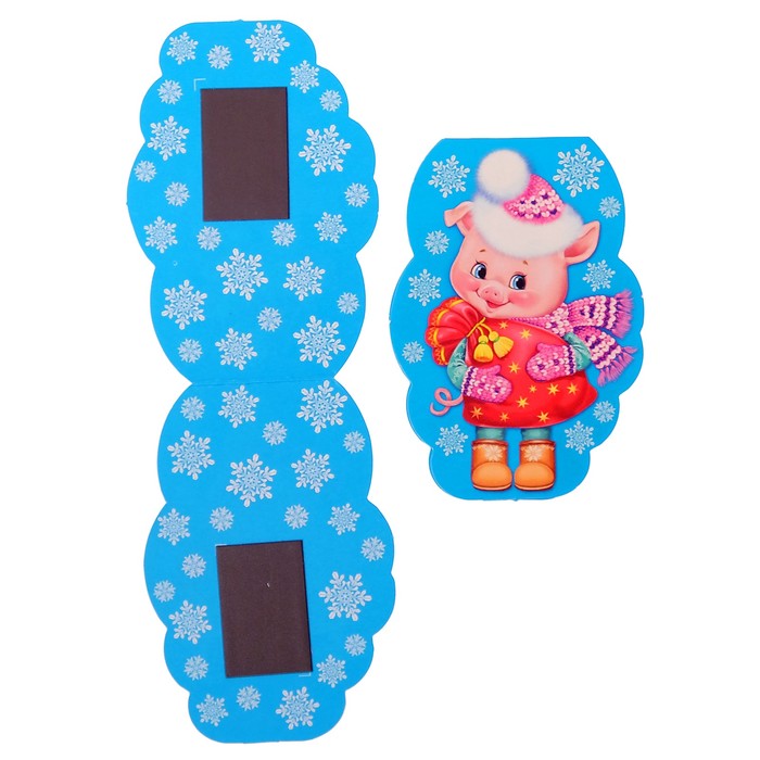 Открытка-мини с магнитом "Новогодняя" хрюшка в шапочке