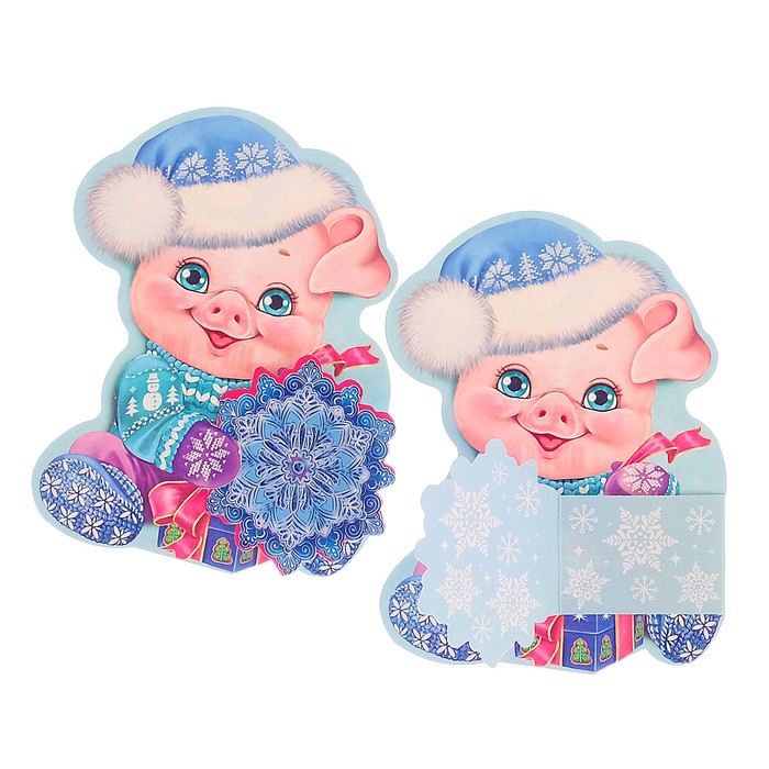 Открытка "Новогодняя" хрюшка со снежинкой