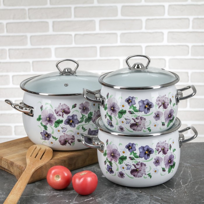 Набор кастрюль сферических "Фиалковый", 3 шт: 2,5 л, 3,5 л, 5 л, стеклянные крышки