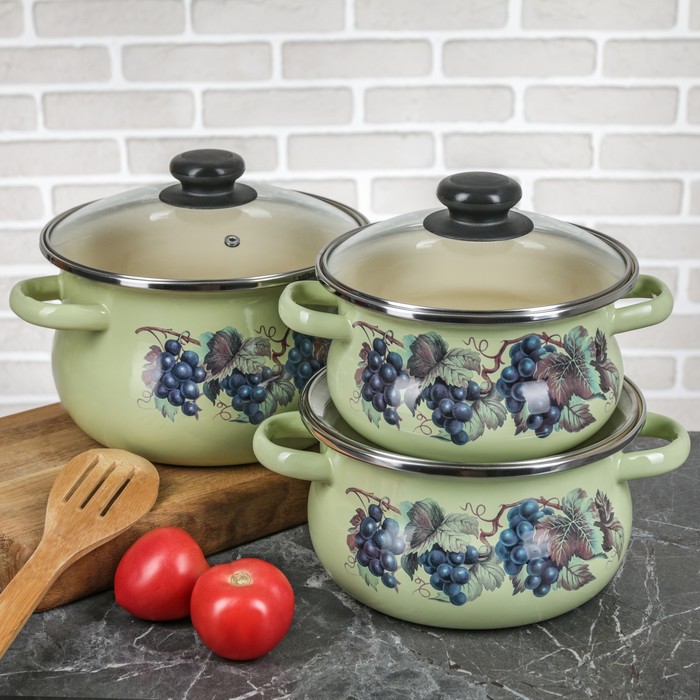 Набор кастрюль цилиндро-сферических "Виноградная лоза", 3 шт: 1,5 л, 2,5 л, 3,5 л, стеклянные крышки