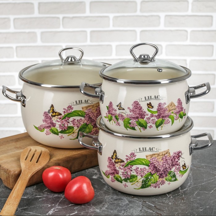 Набор кастрюль сферических "Лилак", 3 шт: 2,5 л, 3,5 л, 5 л, стеклянные крышки