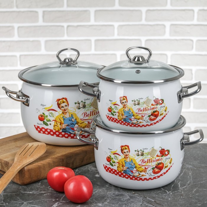 Набор кастрюль сферических "Беллисимо", 3 шт: 2,5 л, 3,5 л, 5 л, стеклянные крышки