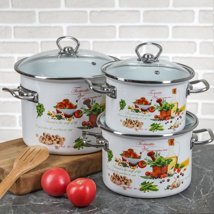 Набор кастрюль цилиндрических "Томато", 3 шт: 2 л, 3 л, 5,5 л, стеклянные крышки