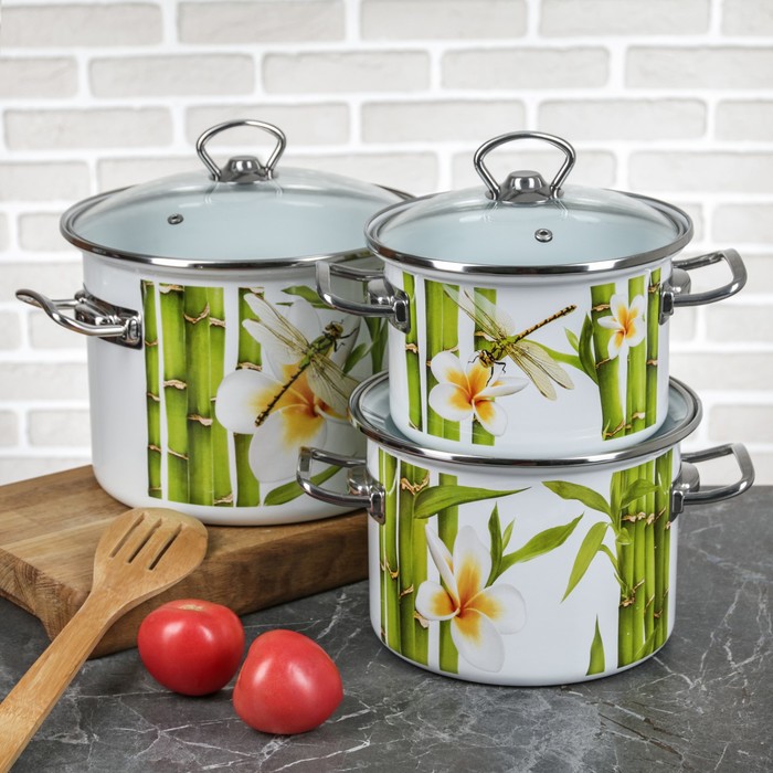 Набор кастрюль цилиндрических "Бамбук", 3 шт: 2 л, 3 л, 5,5 л, стеклянные .крышки