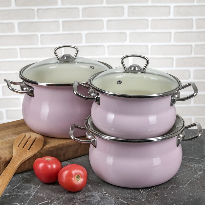 Набор кастрюль цилиндро-сферических "Фламинго", 3 шт: 1,5 л, 2,5 л, 3,5 л, стеклянные крышки