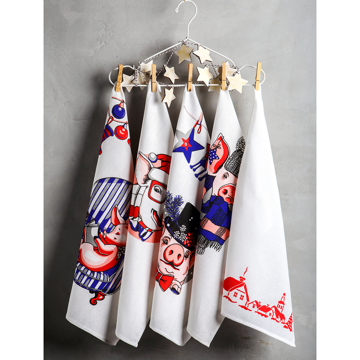 Комплект полотенец для кухни Spany 35x61 2шт, рогожка, хл.100%, Хрюнь и шарф