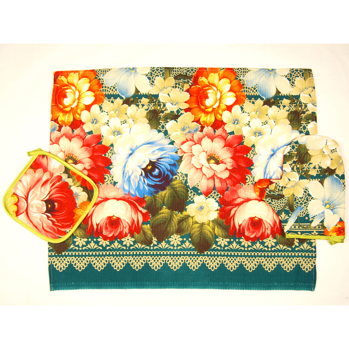 Кухонный набор " Цветы" полотенце 45х60, прихватка 17х17, рукавичка 20х23,зеленый,хл 100%