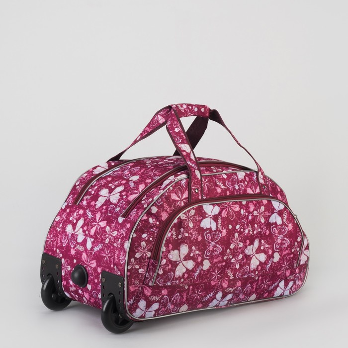 Сумка дорожная на колёсах "Бабочки", 1 отдел, наружный карман, цвет малиновый