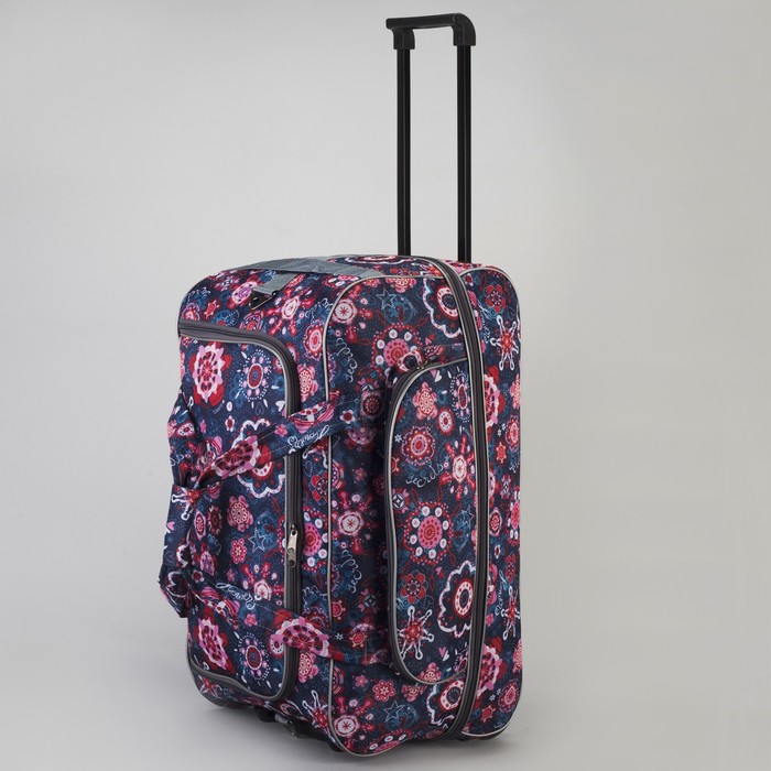 Сумка дорожная на колёсах «Цветы», с расширением, 1 отдел, 1 наружный карман, цвет синий