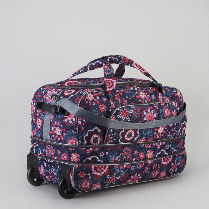 Сумка дорожная на колёсах «Цветы», с расширением, 1 отдел, 1 наружный карман, цвет синий