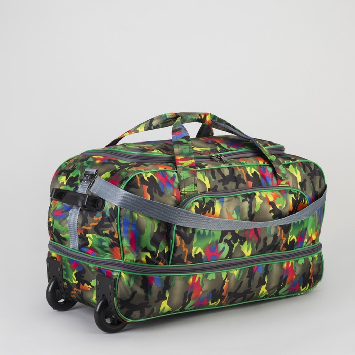 Сумка дорожная на колёсах, с расширением, 1 отдел, 1 наружный карман, цвет зелёный/камуфляж