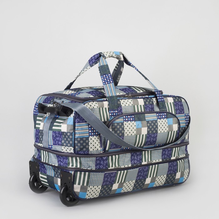 Сумка дорожная на колёсах «Заплатки», с расширением, 1 отдел, 1 наружный карман, цвет синий