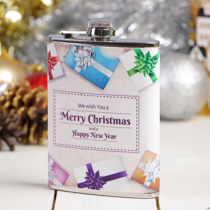 Фляжка 240 мл We wish You a Merry Christmas, рисунок «подарки», цвет кремовый