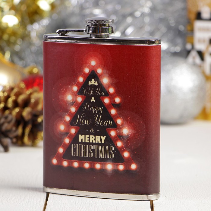 Фляжка 240 мл Wish You a Happy New Year, рисунок «ёлочка», коричневая