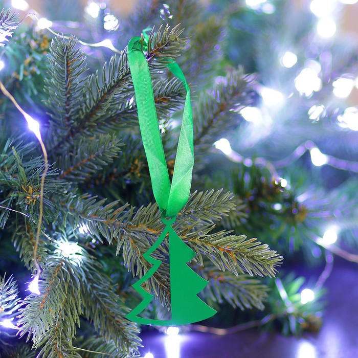 Елочная подвеска металлическая с лентой "Ёлочка" 7см зелёная