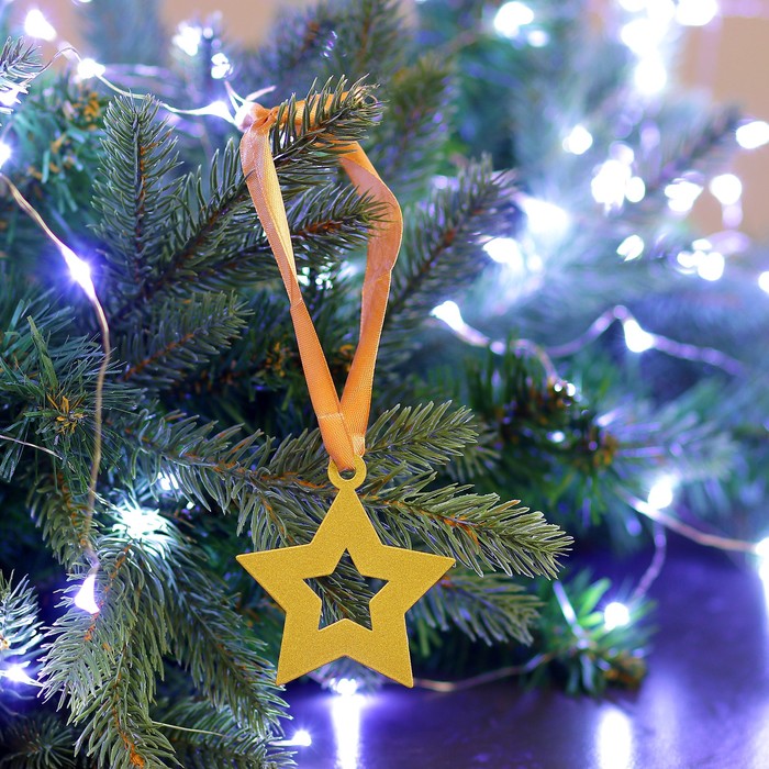 Елочная подвеска металлическая с лентой "Звезда новогодняя" 7см золотая