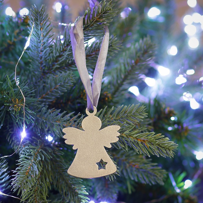 Елочная подвеска металлическая с лентой "Рождественский ангел" 7см серебряная