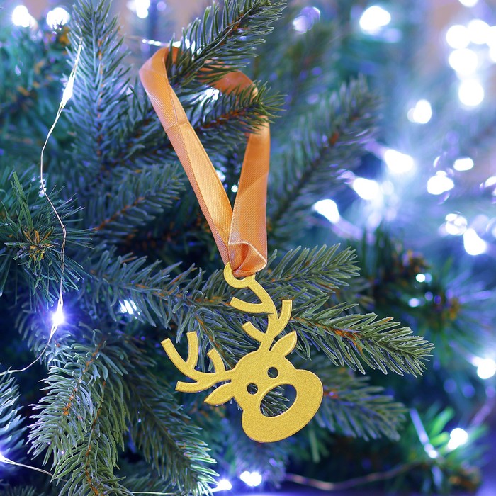 Елочная подвеска металлическая с лентой "Олень Рудольф" 7см золотая