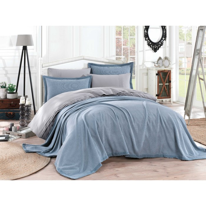 КПБ Natural 1,5 сп, 160х240 см, 160х220 см, 50х70 см-3 шт., покрывало 180х230 см, синий