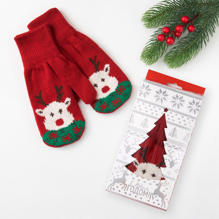 Варежки женские KAFTAN "Christmas deer", красные, р-р 19, акрил 70%, шерсть 30%