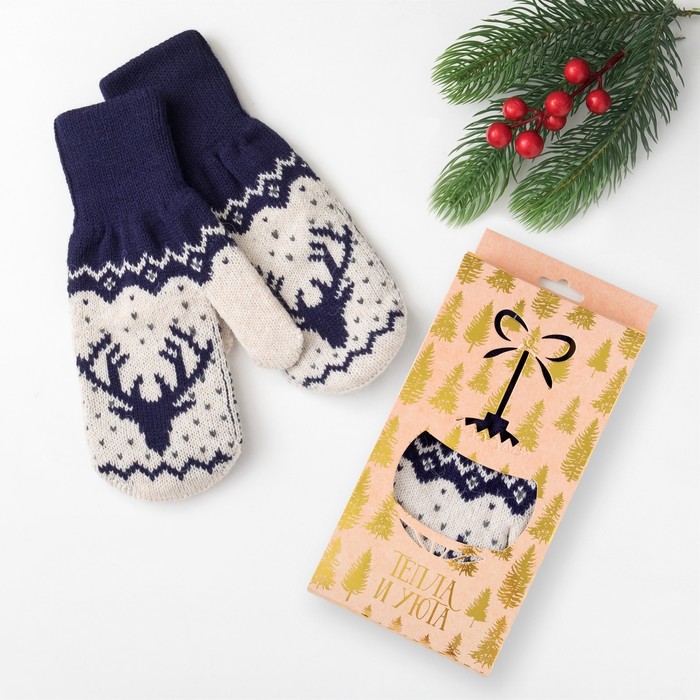 Варежки женские KAFTAN "Северный олень", синие, р-р 19, акрил 70%, шерсть 30%