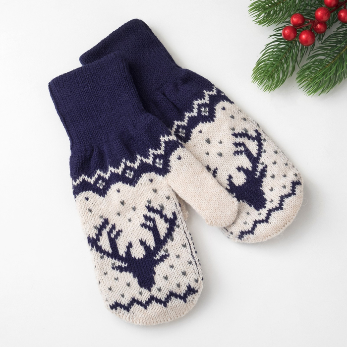 Варежки женские KAFTAN "Северный олень", синие, р-р 19, акрил 70%, шерсть 30%