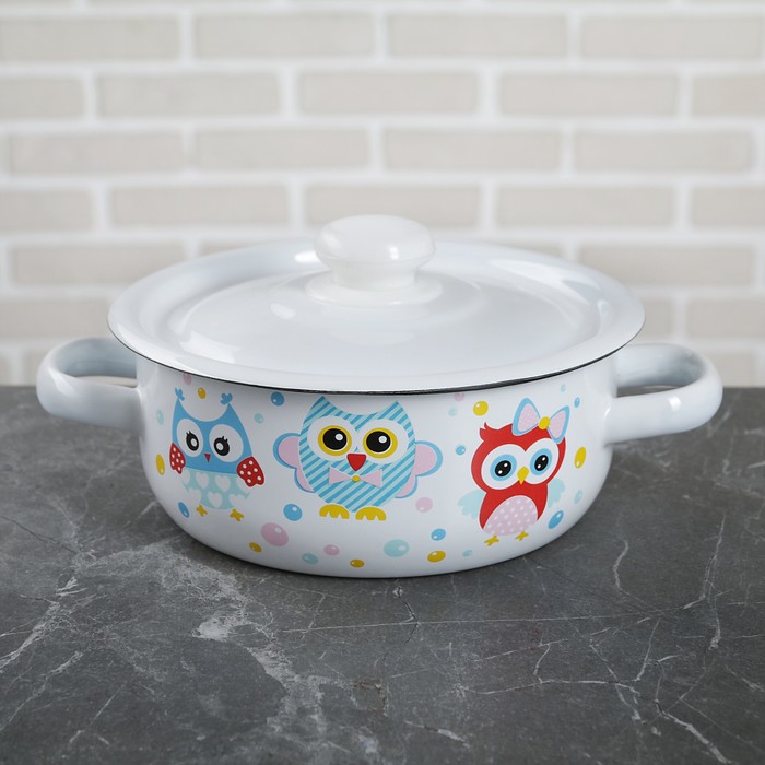 Кастрюля цилиндрическая 1 л "Совы", эмалированная крышка