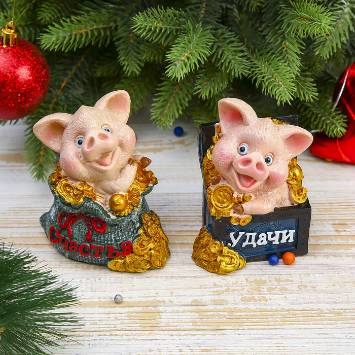Копилка полистоун "Розовый поросёнок с кучей золота" МИКС 10х9,5х5,8 см