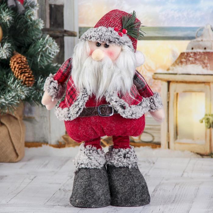 Мягкая игрушка Дед Мороз в шубке - длинные ножки стоит, 17х56 см, серо-красный зимнее волшебство мягкая игрушка дед мороз шубка с кружочками 15х30 см серебро стоит