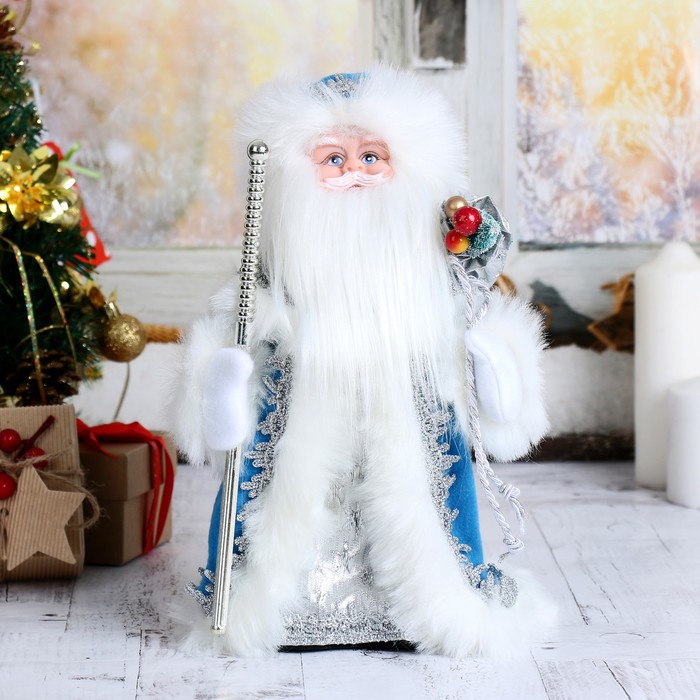 Дед Мороз 30 см "Шик" голубая шубка, мешок и посох