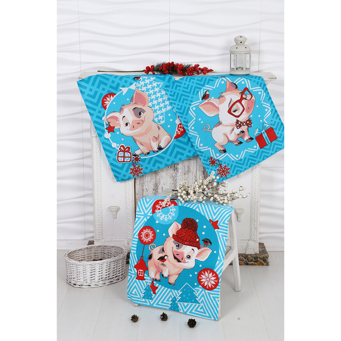 Набор полотенец DomoVita "Веселые поросята" голубой вафля 170 г/м2, 45х60 см 3шт (в коробке) 37924