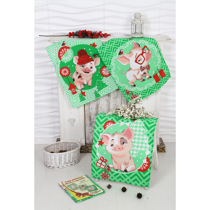 Набор полотенец DomoVita "Веселые поросята" зеленый вафля 170 г/м2, 45х60 см 3шт (в пакете) 379247