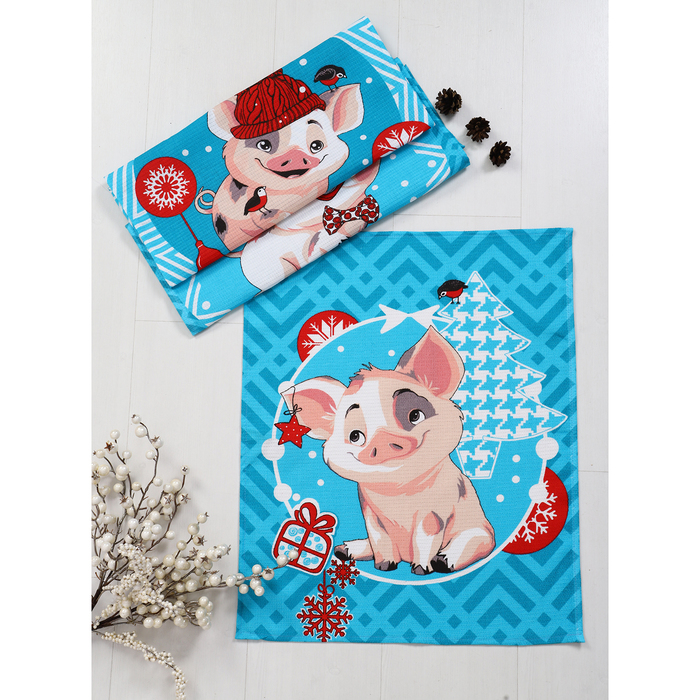 Полотенце 45х60см DomoVita "Веселые поросята" голубой, хлопок 100%, 170 г/м2 вафелька (пакет 37924