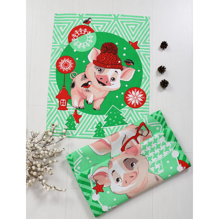 Полотенце 45х60см DomoVita "Веселые поросята" зеленый, хл100%,170 г/м2 вафелька (пакет) микс 37924