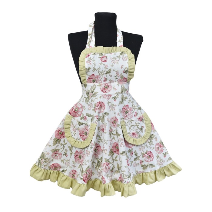 Фартук с рюшей English rose, длина 75 см, пояс 150 см, зелёный