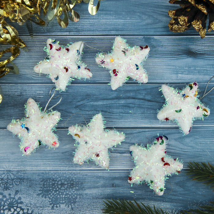 Украшение ёлочное "Звёздочки пушистые" блеск (набор 6 шт) 4,5*4,5 см
