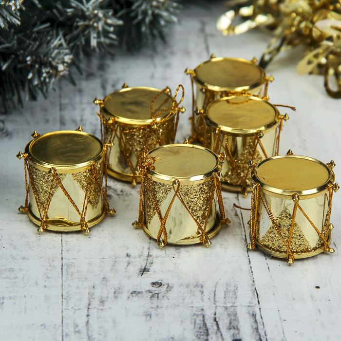 Украшение ёлочное "Барабан" блеск (набор 6 шт) 3,5*3,5 см, золото