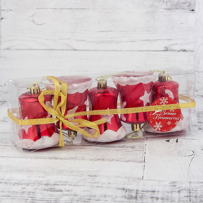 Украшение ёлочное "Колокольчики" звёзды и месяц (набор 5 шт) 6 см, красный