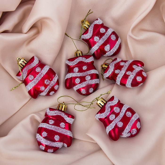 Украшение ёлочное "Варежки" полосы и кружки (набор 6 шт) 4,5*5,5 см