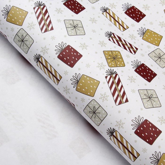 Бумага упаковочная "Новогодние подарки", белый, 67 х 100 см