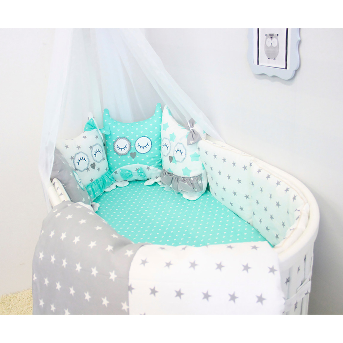 Комплект в кроватку &quot;Совушки&quot;, 4 предмета, бязь, мята