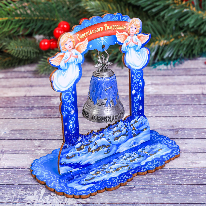 Колокольчик в деревянной рамке «Рождественская ночь», 13 х 13 х 8,5 см