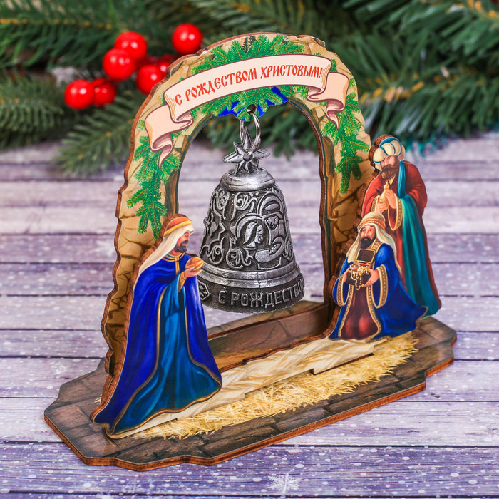 Колокольчик в деревянной рамке «Вертеп», 14,3 х 11,5 х 7 см