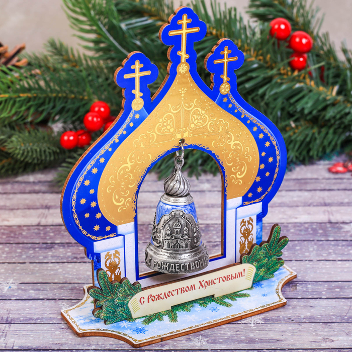 Колокольчик в деревянной рамке «Храм», 13,5 х 16,5 х 7 см