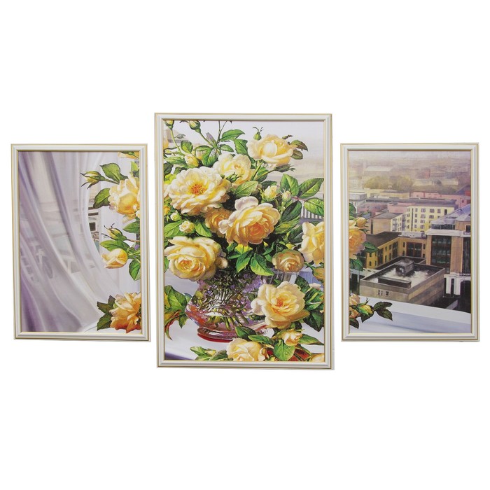 Модульная картина "Букет на фоне города" 62*108 см (42х62, 2-33х48)