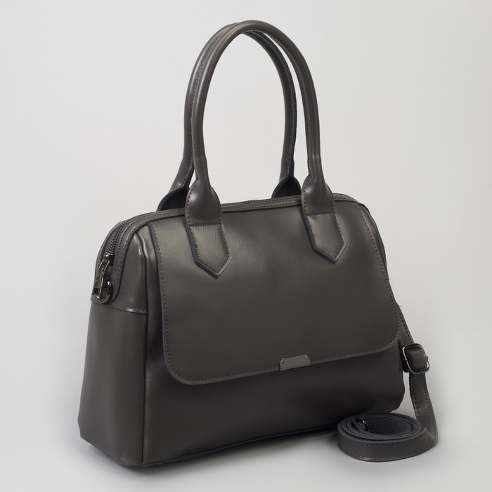 Сумка женская, отдел на молнии, 2 наружных кармана, длинный ремень, цвет серый