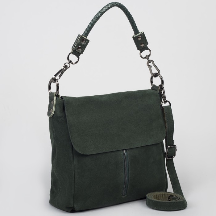 Сумка женская, отдел с перегородкой, 2 наружных кармана, длинный ремень, цвет зелёный