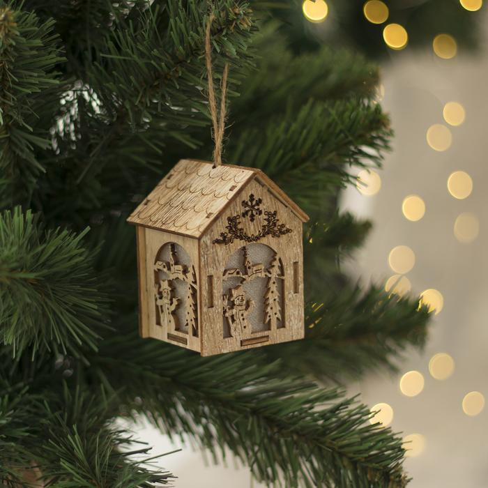 Подвеска световая "Домик со Снеговиком", 8х5х6 см, 1 LED, бат.(в комп), серое окно, Т/БЕЛЫЙ 366755