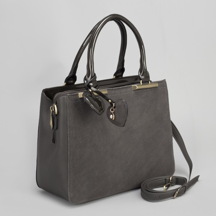 Сумка женская, 3 отдела на молниях, наружный карман, длинный ремень, цвет серый